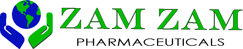 Zam Zam Pharmaceutical logo shows two human palms supporting round earth